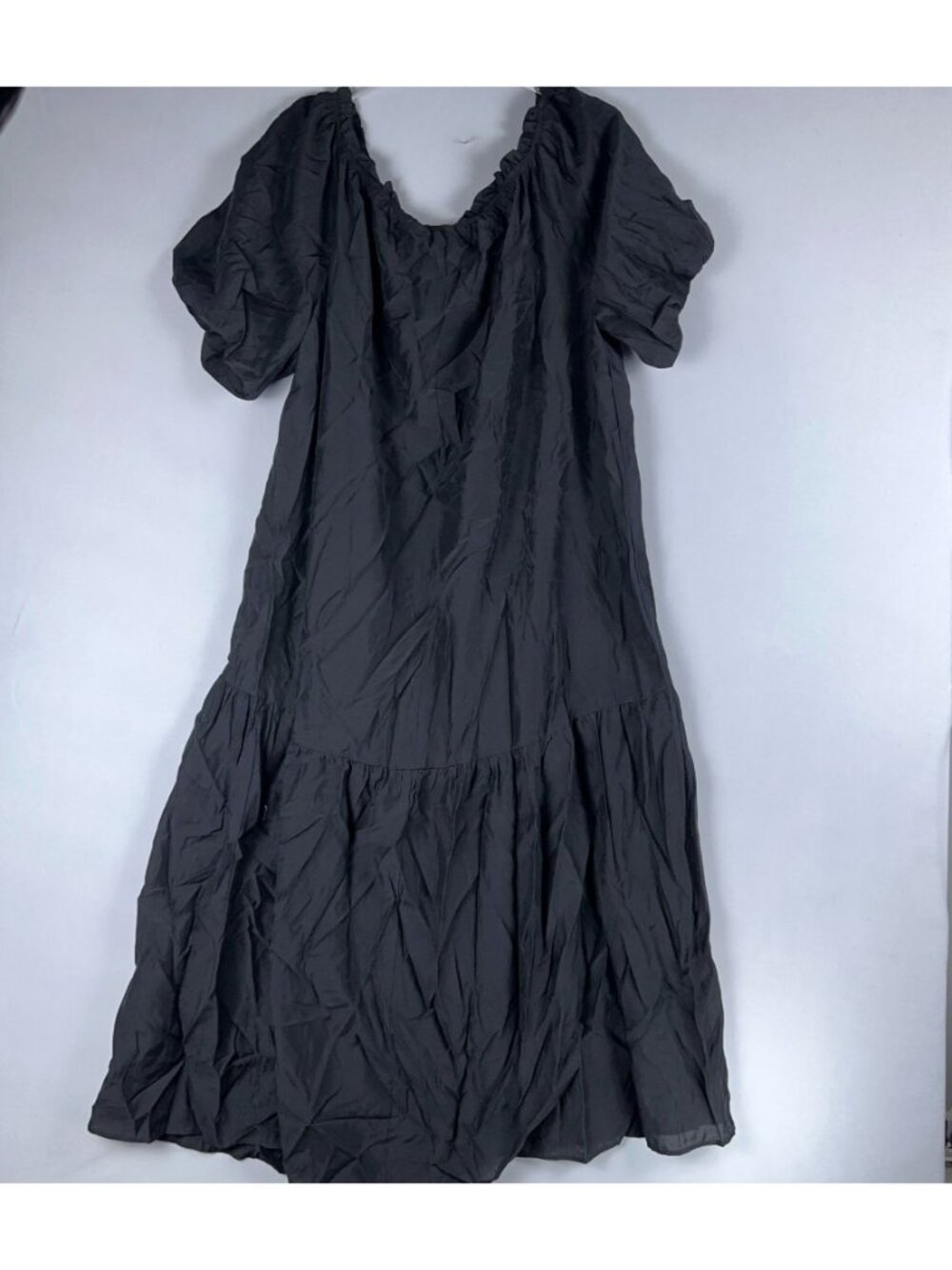 H&M Tiered Midi Dress Size  XL Black Puff Sleeve Ruffled Neck Off Shoulder - Picture 5 of 11
